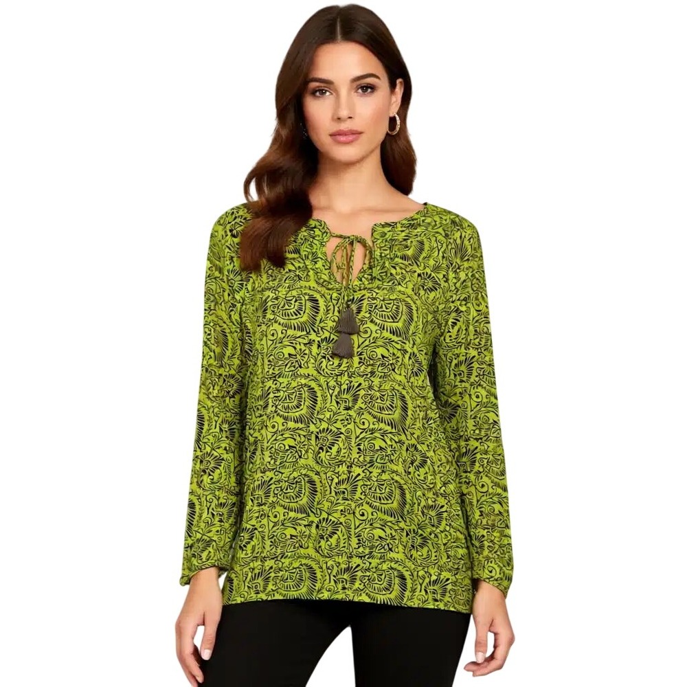 Sigrid Olsen‎ Signature Lime Green Brown Paisley Tassel Tie Neck Tunic Blouse M